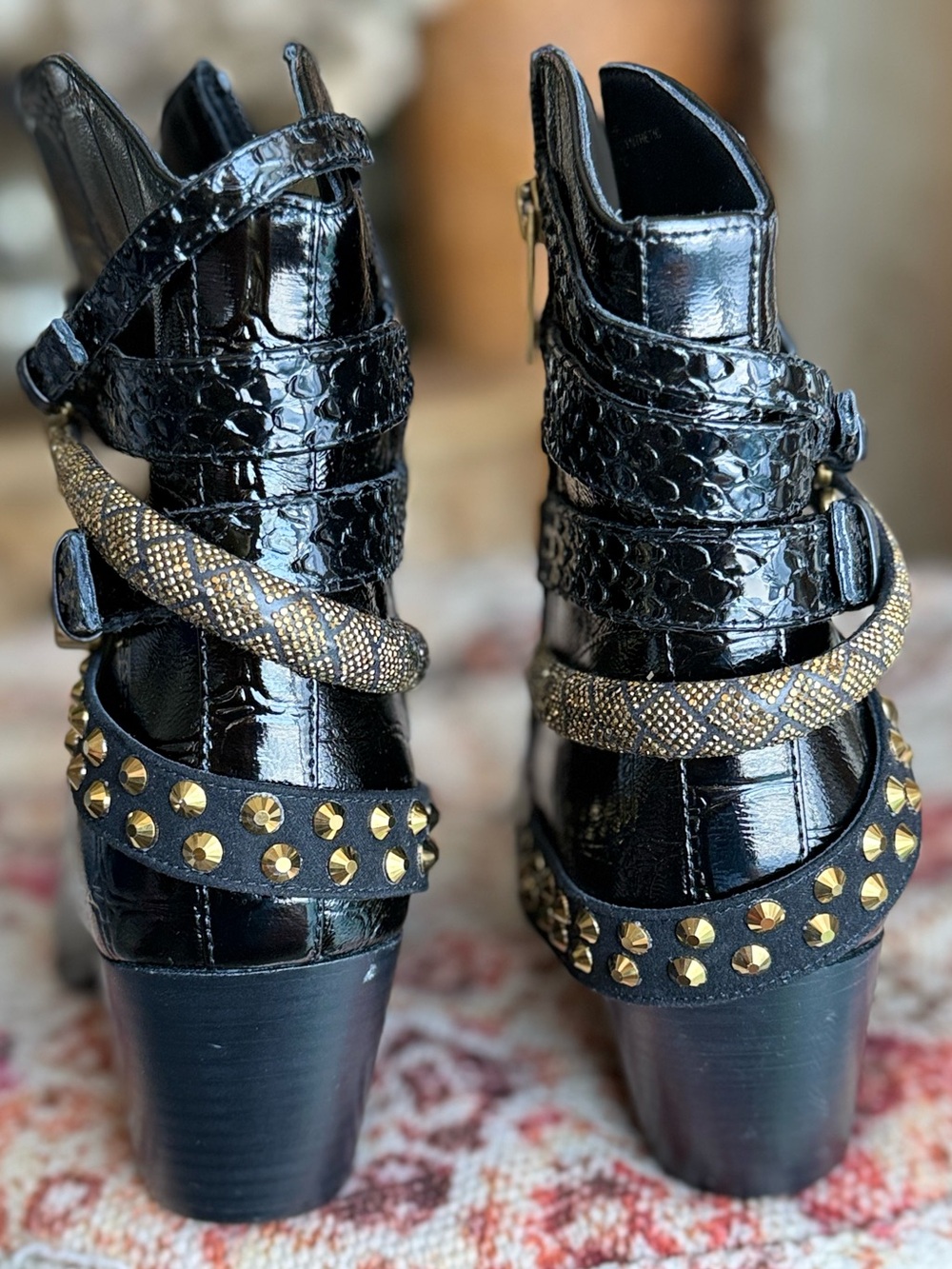 KURT GEIGER BLACK Croc-Embossed Pointed Ankle Booties gold accents western shoes - Picture 8 of 14